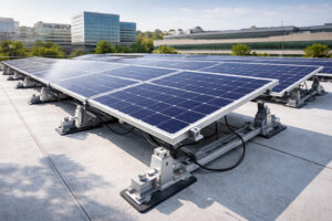Solar panels on a commercial building roof secured with aluminium end clamps