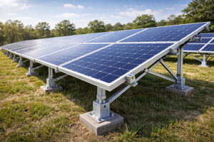 Ground-mounted solar array with aluminium end clamps on mounting rails