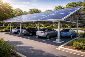 Solar carport panels fixed with aluminium end clamps for structural support