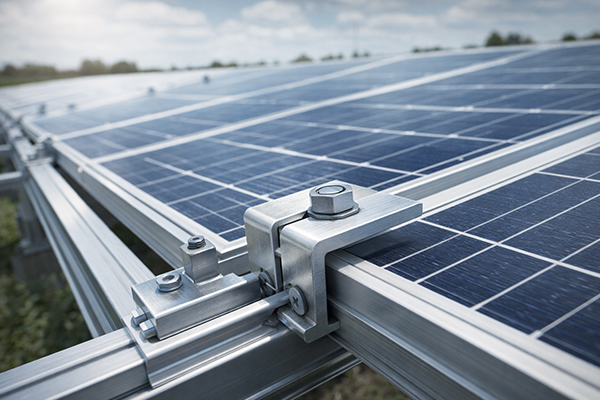 Aluminium end clamp securing solar panel edge on mounting rail for rooftop installation